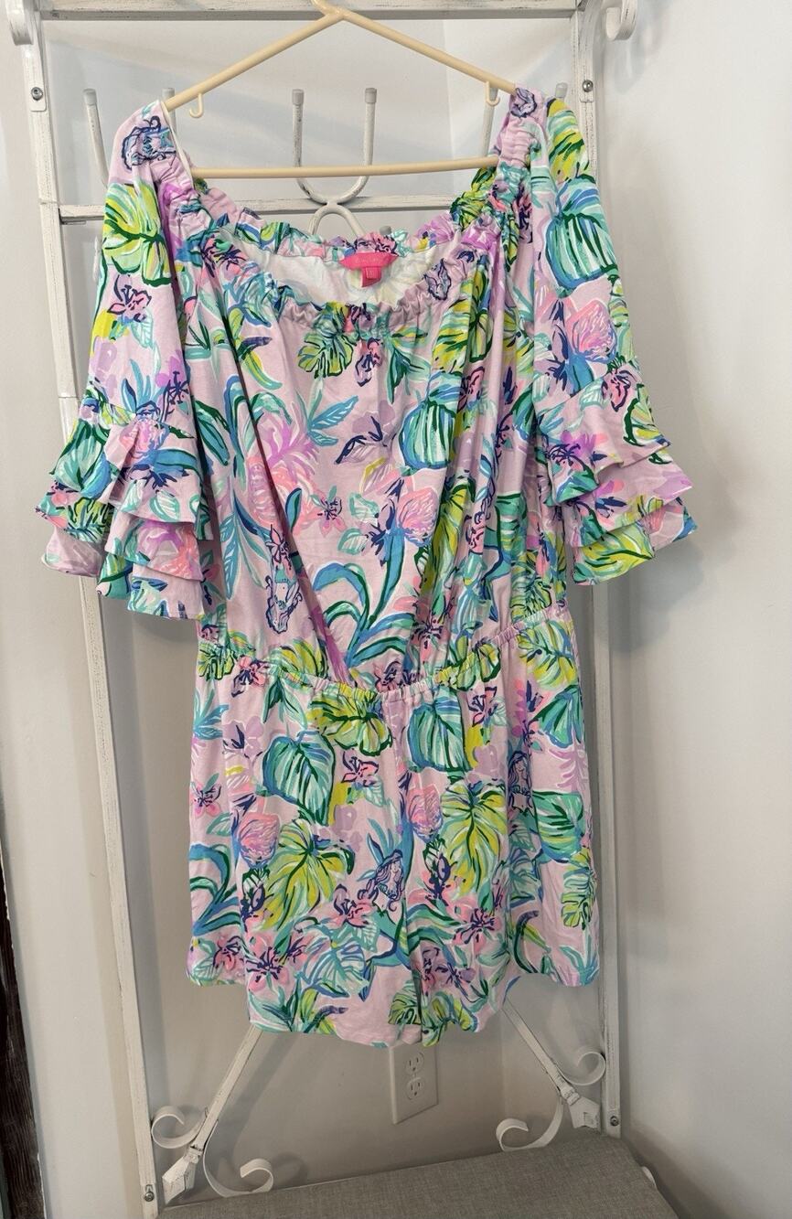 Lilly Pulitzer XL Pink Tropical Floral Off Shoulder Romper Ruffle Feminine